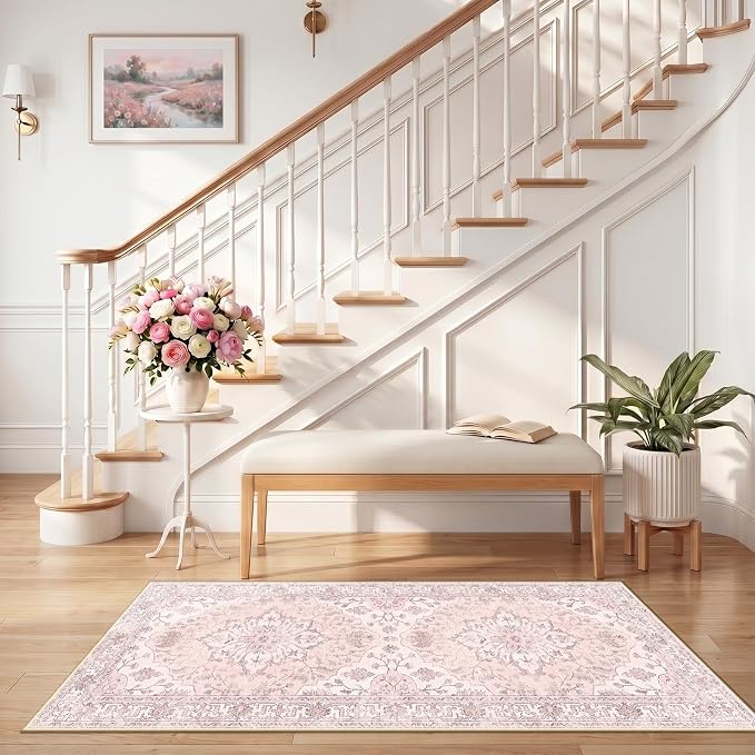 RELEANY Washable Area Rug, Runner 2'6"x5', Pink | Non-Slip, Water Repellent, Pet Friendly, Easy to Clean, Vintage Floral Boho Decor for Kitchen Entry Bedroom Bedside Laundry