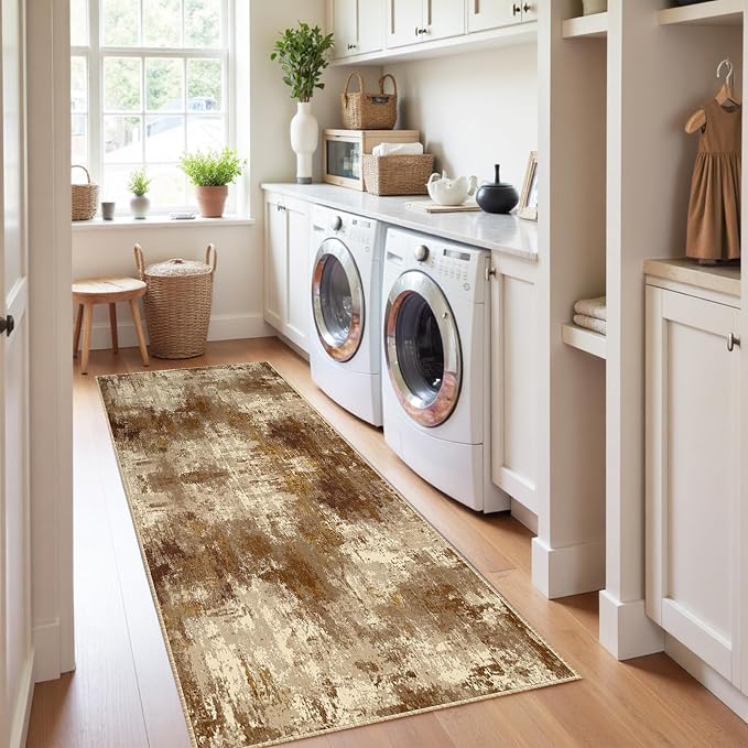 RELEANY Washable Runner 2'x6' Abstract Area Rug for Hallway Brown Tan | Carpet for Kitchen, Entryway, Bathroom, Living Room, Bedroom, Printed Pattern, Non‑Slip, Soft, Stain‑Resistant, Easy to Clean