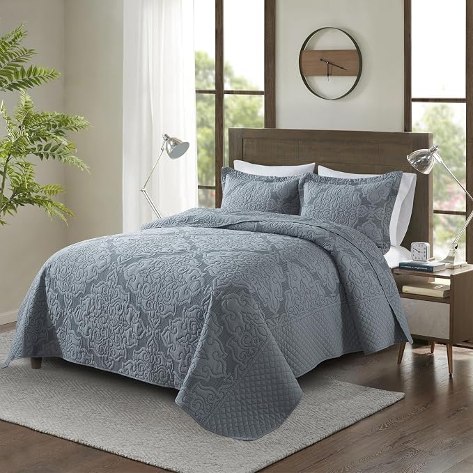 Reversible Quilt Bedspread Embroidered Microfiber Coverlet Set,Jacquard Embossed Floral,Grey, King Size