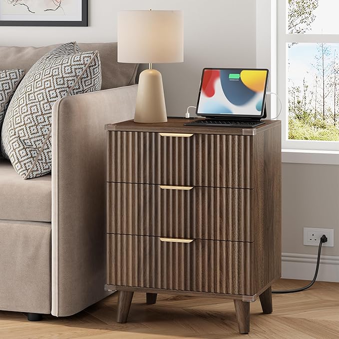 Wood Nightstands Set of 2 w/Charging Station, 3 Drawers Fluted Dresser | Walnut, Large Drawers, Metal Silent Rails, FSC Wooden, Sturdy Legs, Modern Fluted Panel, Living Room, Bedside Table