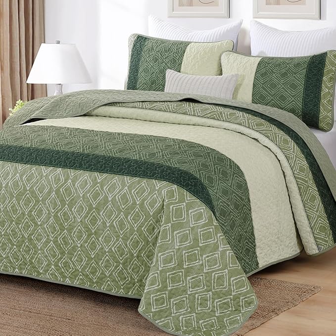 Cottolester Sage Green Quilt Set Queen,3 Pcs Summer Striped Bedspread Set | Lightweight Summer Fresh Green Patchwork Coverlets Set with 2 Pillowshams,Soft Microfiber Quilt Bedding Sets 110"x90"