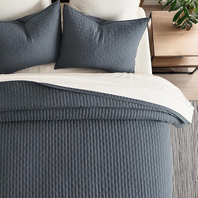 100% Cotton Cross Stitch 3-Piece Quilt Set, Queen, Midnight Blue | Cross Stitch Cotton Quilt, Pre-Washed Bedding Set, Oversized Lightweight Bedspread Coverlet, for All Season, with 2 Shams