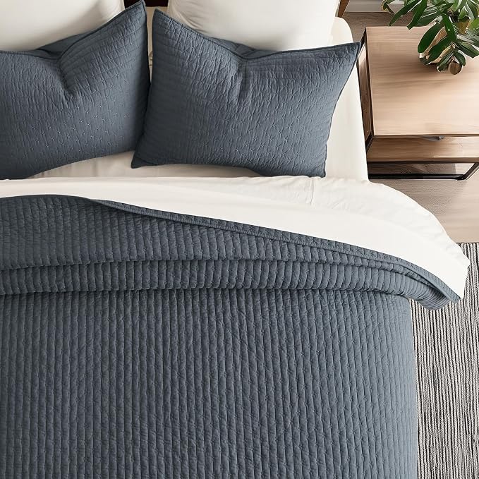 100% Cotton Cross Stitch 3-Piece Quilt Set, King, Midnight Blue | Cross Stitch Cotton Quilt, Pre-Washed Bedding Set, Oversized Lightweight Bedspread Coverlet, for All Season, with 2 Shams
