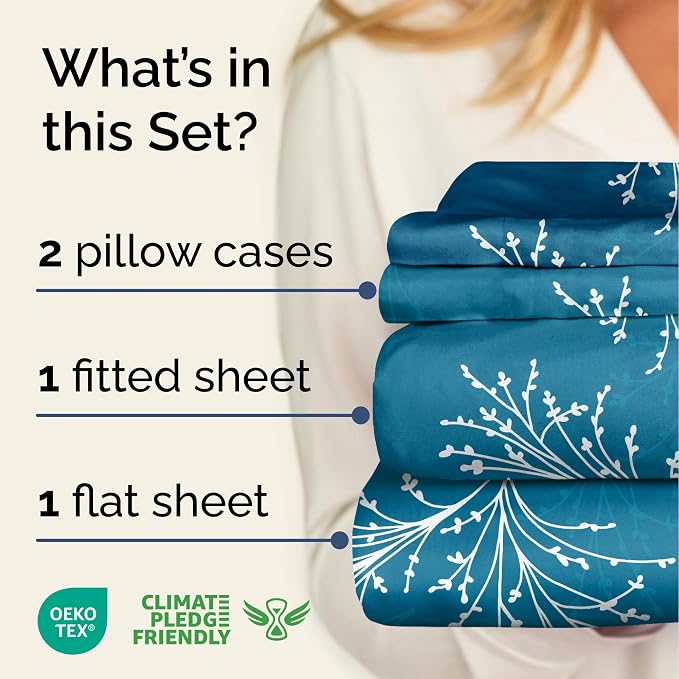 Full 4 Piece Floral Sheet Set - Soft, Breathable & Cooling - Sea Spray | 1 Flat, 1 Fitted & 2 Pillowcases w/ Deep Pockets, Boho Botanical Floral Bedding, Breathable & Cooling, Wrinkle & Fade Free