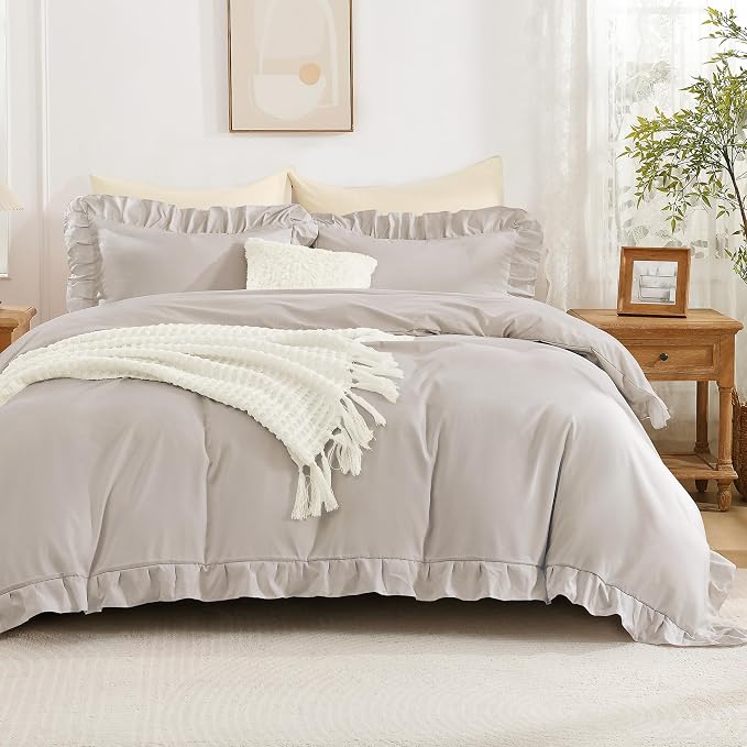 Andency Linen Ruffle Duvet Cover Full, Shabby Chic Farmhouse Bedding Set | 3 Pieces Soft Washed Polyester Vintage Ruffled Comforter Cover Set with Zipper Closure & Corner Ties, 79x90Inch