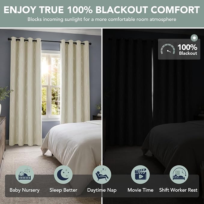 Deconovo 100% Blackout Living Room Curtains 63 Inches Long, Black Backing | Silver Line Foil Pattern Drapes, Thermal Insulated, Room Darkening, Grommet, 2 Panels Set, Light Beige, 52 x 63 Inch