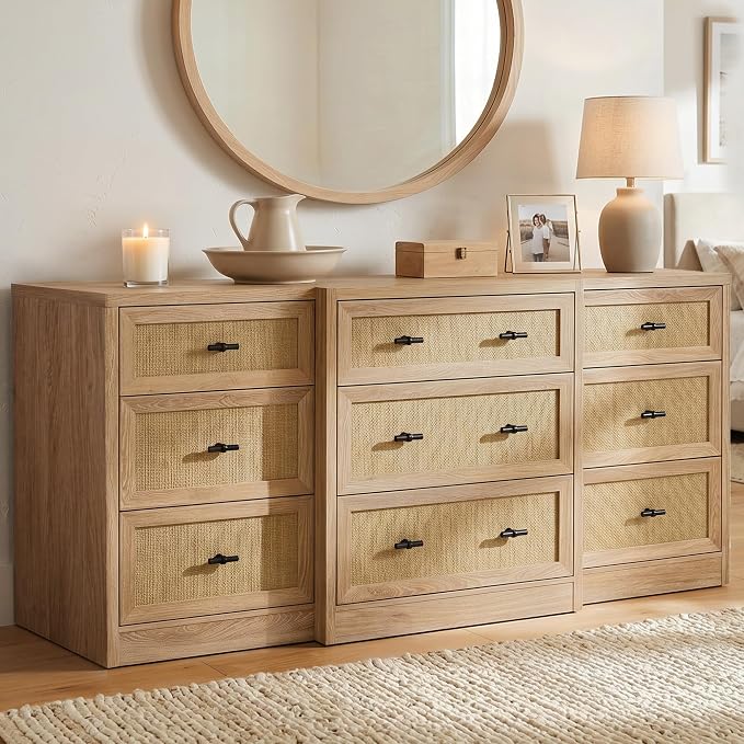 9 Drawers Dresser for Bedroom, 63" Wide Rattan Dressers w/Charging Station | Chest of Drawers with 4 Custom Drawers, Long Dresser TV Stand, Wood Closet Clothes Storage Organizer for Living Room
