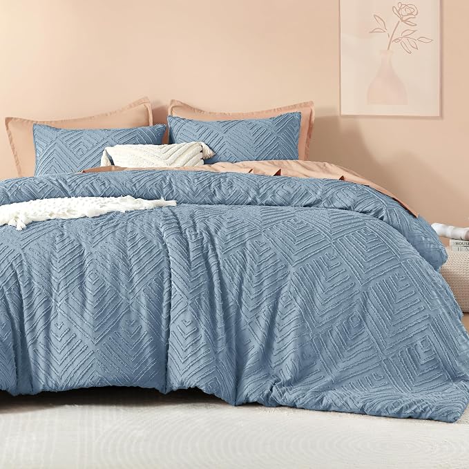 Litanika Full Size Comforter Set, 3 Pieces Tufted Boho Bedding Set | Grayish Blue Farmhouse Shabby Chic Vintage Bohemian Textured Aesthetic Soft Fluffy Lightweight Breathable All Season Bed Set