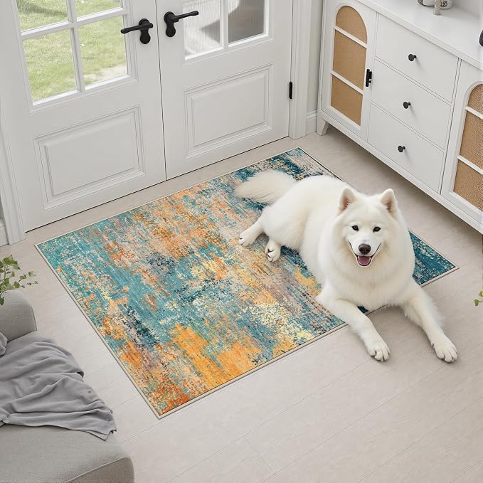 2x3 Washable Entryway Rug: Modern Abstract Soft Carpet Rosy Haze | For Entrance, Bedroom, Kitchen, Laundry, Bathroom,Door Mat,Modern Abstract,Machine washable,Non-Slip,Stain Resistant,Indoor