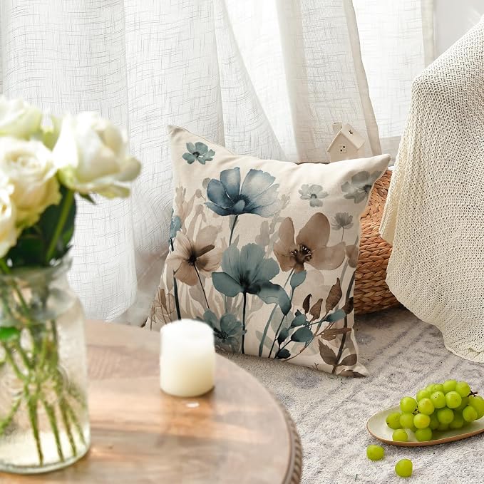 AVOIN colorlife Poppy Flowers Blue Brown Pillow Covers 18x18 Inch Set of 2 | Chinoiserie Seasonal Fall Leaves Cushion Case Decoration for Sofa Couch