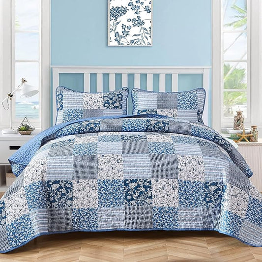 Mybedsoul Blue Quilt Set Full Size, Patchwork Floral Bedding Set | Soft Lightweight Microfiber Coverlet Set, 3 Pieces Plaid Reversible Bedspread, Bed Sets for All Seasons 78"x90"