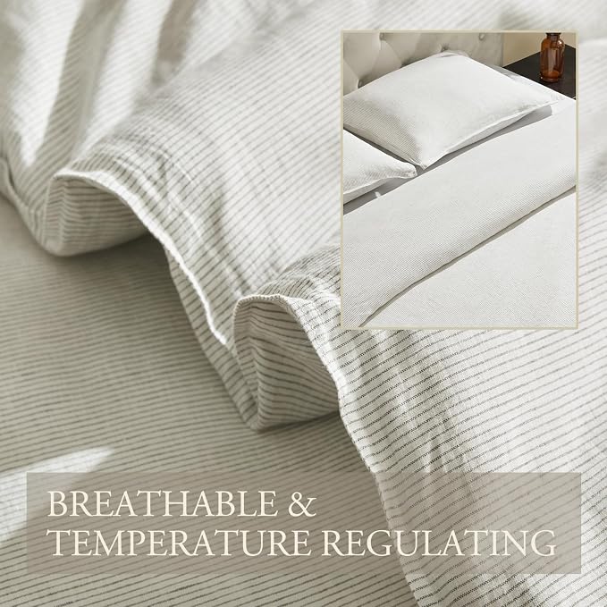 DAPU 100% French Linen Duvet Cover 3Pcs Set, 170GSM Linen Bedding, King | Soft Breathable All-Season for Hot sleepers, Corner Ties & Zipper Closure, French Linen Flax from Normandy, Gray Stripe