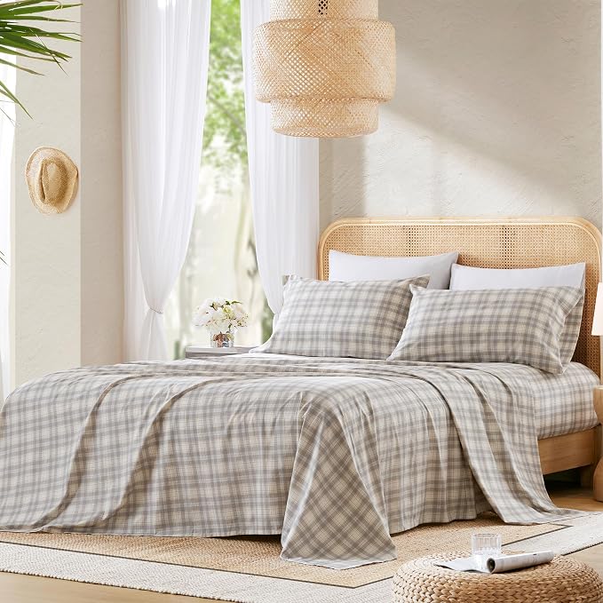 Comfort Spaces 100% Cotton Percale Sheets Full Size 4 Piece, Wesley Taupe | Crisp, Cool & Breathable Bed Sheets, 14" Deep Pocket Fits Up to 16" Mattress, Lightweight, All Season Cozy, with Pillow Case