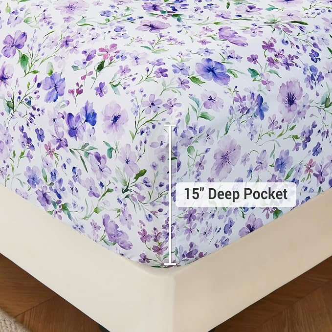 Viviland Floral King Sheet Set - 4 Piece Vintage Lavender Flower and Leaves Patterned Bed Sheets - Soft, Breathable Microfiber Sheets with Deep Pocket, Non-Slip Fitted Sheets & Pillowcases