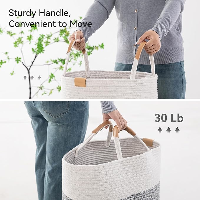 Nunsino 95L Striped Laundry Hamper with Leather Handles,Large Foldable Laundry Basket for Clothes,Cotton Rope Storage Bin for Blankets,Woven Clothes Basket for Bedroom,Gray Stripes
