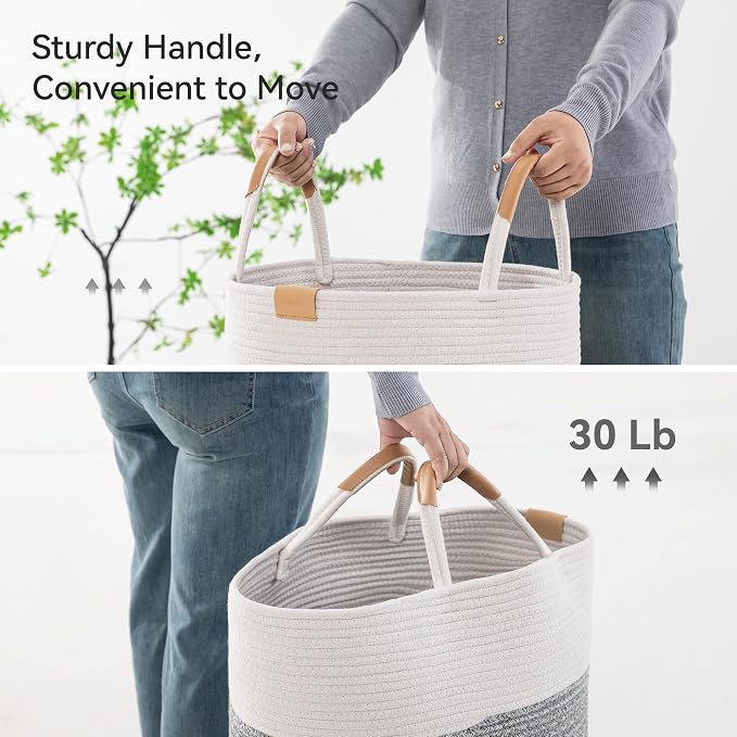 Nunsino 62L Striped Laundry Hamper with Leather Handles,Large Foldable Laundry Basket for Clothes,Cotton Rope Storage Bin for Blankets,Woven Clothes Basket for Bedroom,Gray Stripes