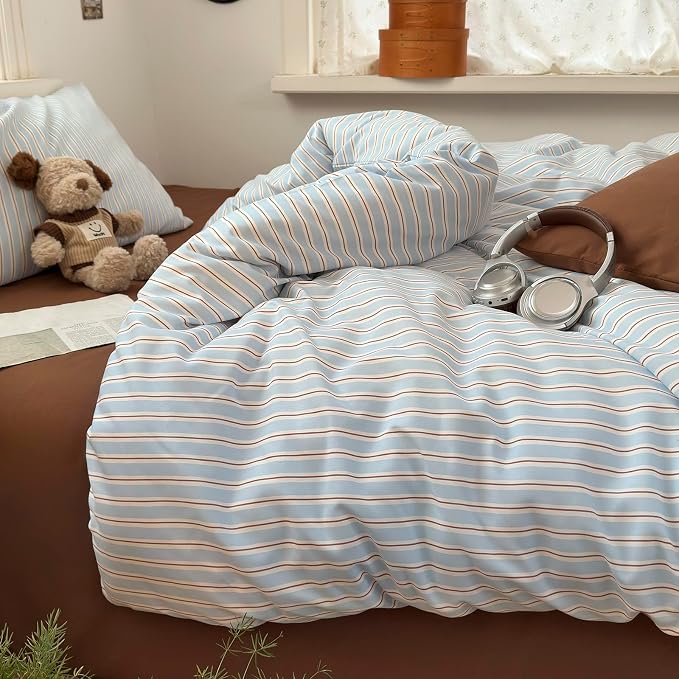 mixinni Vintage Striped Queen Duvet Cover Set, Washed Microfiber Coastal Bedding, Light Blue Brown Vertical Stripe Comforter Cover with Zipper & Corner Ties, (1 Duvet Cover + 2 Pillowcases)