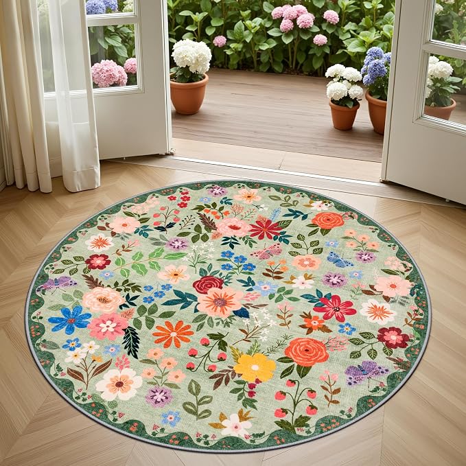 PLHXFR Round Area Rug Living Room: 4 ft Floral Washable Soft Carpet Green | For Bedroom Dining Room Farmhouse Nursery Hallway,Vintage Floral,Machine washable,Non Slip,Stain Resistant,Large Indoor