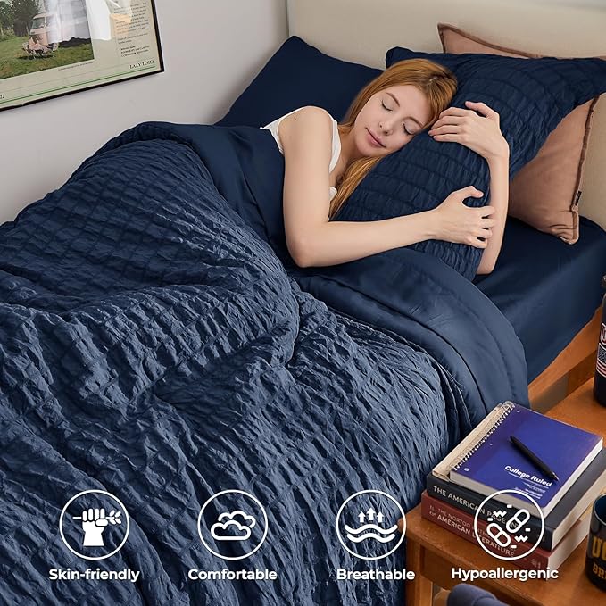 HYMOKEGE Navy Blue Twin Comforter Set Seersucker 5 Pieces, All Season Luxury Bed in a Bag for Bedroom, Bedding Set with Comforters, Sheets, Pillowcase & Sham