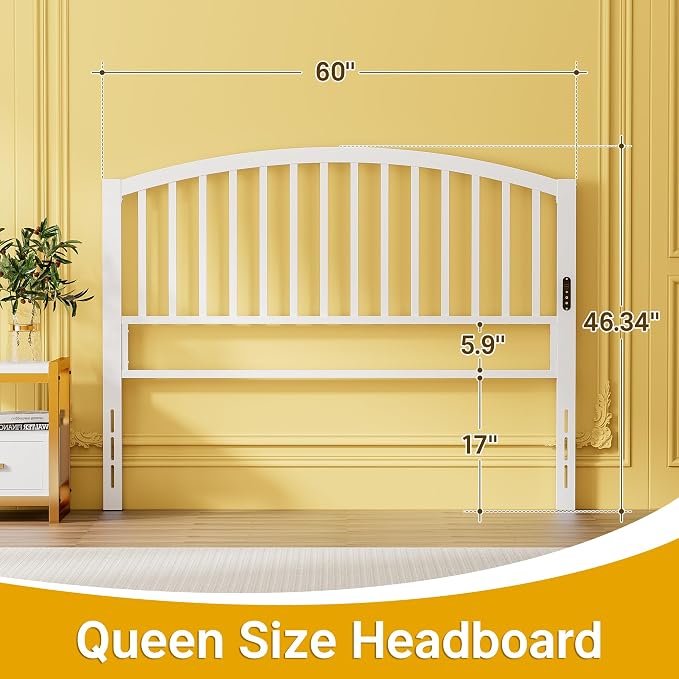 Weehom Metal Queen Headboard Only with LED Lights and USB, White | Freestanding queen size headboard; adjustable height; USB charging station; modern bedroom design