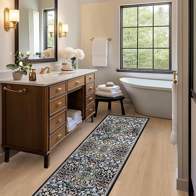PLHXFR 2x6 Washable Runner Rug：Floral Indoor Kitchen Carpet Dark Black | For Hallway Bedroom Kitchen Laundry Bathroom Dorm,Vintage Floral,Machine washable,Non Slip,Stain Resistant,Indoor Floor