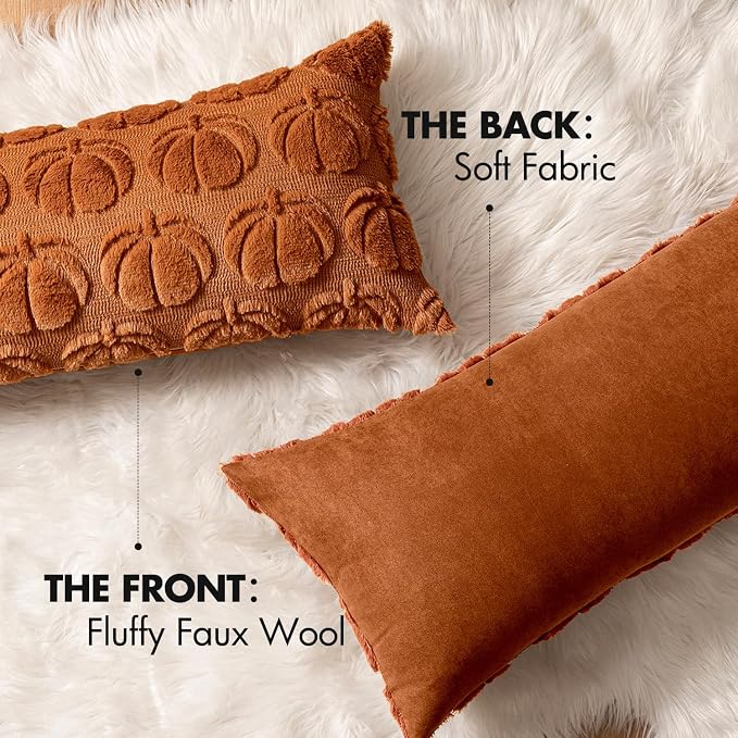 MIULEE Fall Pillow Cover Pumpkin Fall Decor Lumbar 14x36 Dark Rust | Set of 2 Fall Decorations for Home, Plush Faux Fur Farmhouse Accent Pillowcase, Porch Sofa Couch Cushion Bed Livingroom