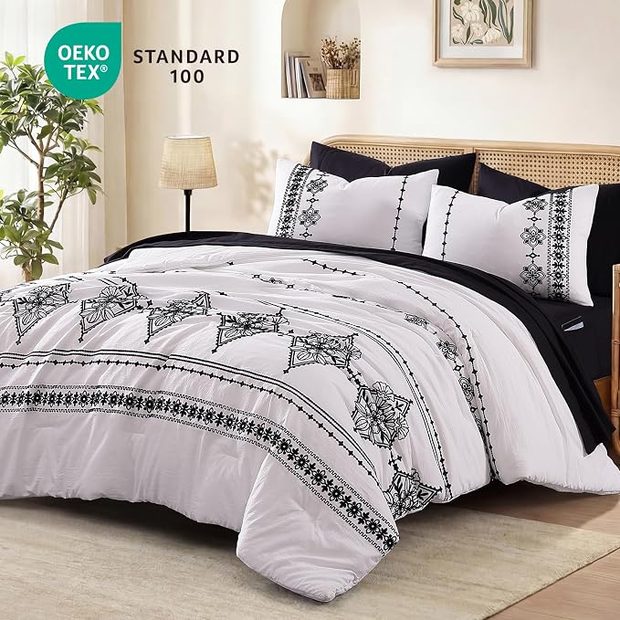 MaiRêve Queen Comforter Set Embroidery Floral 7 Pieces Bed in a Bag | Frost White Boho Farmhouse Bedding Sets with Comforter, Sheets, Pillowcases & Shams