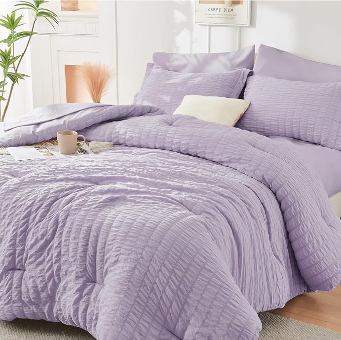 HYMOKEGE Lavender Oversized Queen Comforter Set Seersucker 7 Pieces, All Season Luxury Bed in a Bag for Bedroom, Bedding Set with Comforter, Sheets, Pillowcases & Shams