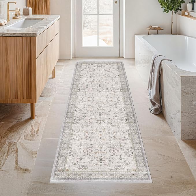 Washable 2x7 Runner Rug for Bathroom, Vintage Boho Light Gray & Sage Runner Rug for Hallway, Kitchen, Door Mat Indoor Entrance, Bedroom Beside Bed, Non-Slip Low-Pile Stain Resistant