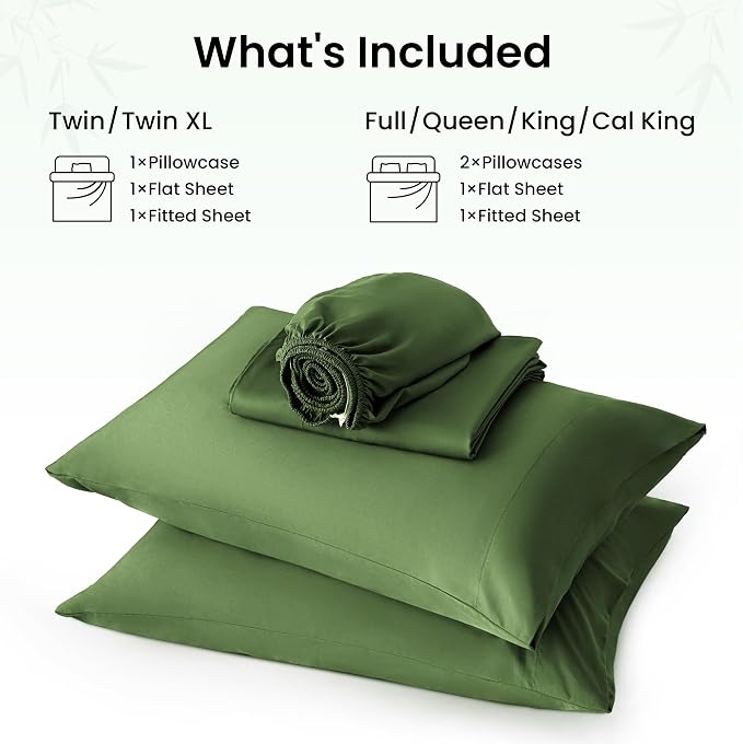 Love's cabin 4 Piece King Size Sheet Set, 100% Rayon Derived from Bamboo, Cooling & Breathable, Soft Silky Deep Pocket up to 16", Hotel Luxury Bedding for Hot Sleepers, Olive Green