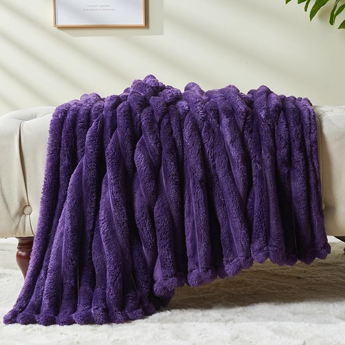 NEWCOSPLAY Fleece Ribbed Cozy Twin Blanket for Couch, Purple, 60"x80" | Premium Silky Flannel Blanket, Soft Lightweight Fluffy Throw Blanket for Bed Sofa Decor, Gift for All Season Use