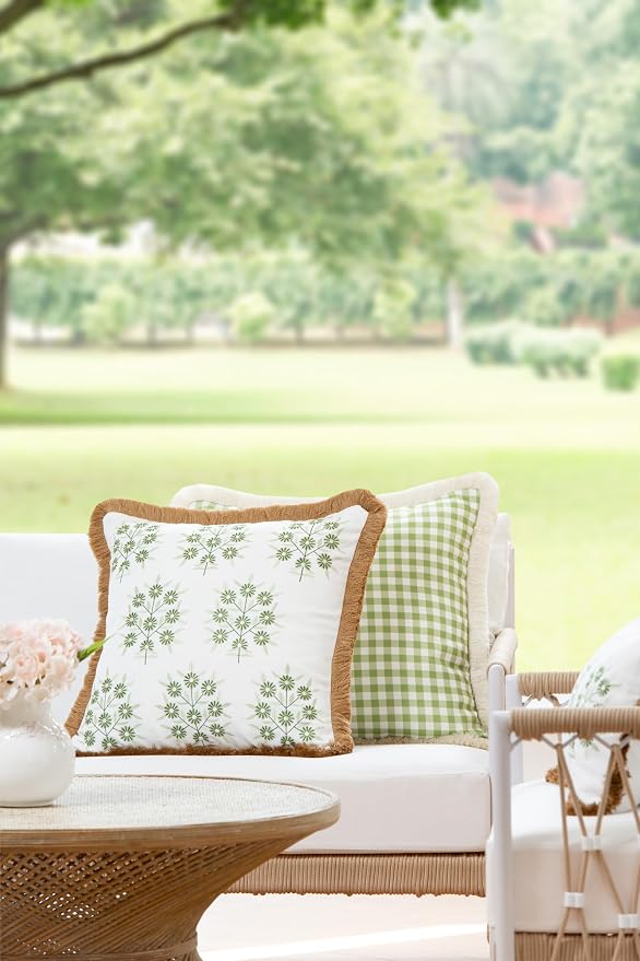 Hofdeco Premium Coastal Patio Indoor Outdoor Throw Pillow Cover Only, 20"x20" Water Repellent for Backyard, Couch, Green Embroidered Floral with Fringe