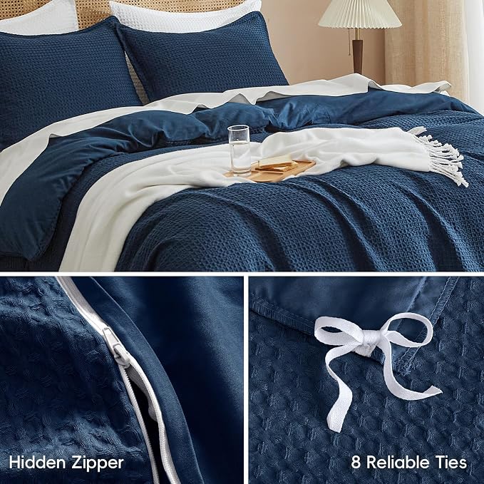 PHF Waffle Duvet Cover California King,Soft Breathable,104"x98",Navy Blue | 300GSM Fabrie，No Snagging Textured Honeycomb Comforter Cover for All Season 3pcs, Durable Bedding Duvet Set, Home Decor Gift