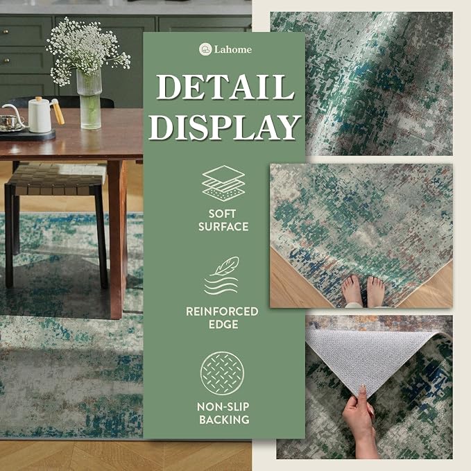 Lahome Modern Abstract Area Rug 5x7 Rugs for Living Room, Washable Accent Bedroom Rug Non-Slip Non Skid, Indoor Floor Contemporary Carpet for Kitchen Bathroom Laundry,Green/Grey
