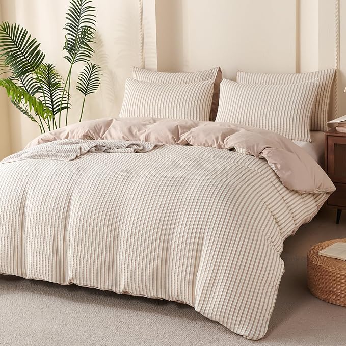 Comforter King Set Beige Striped Soft Luxury Washed Microfiber Jacquard 3 Pieces Bedding, White Beige Vertical Ticking Stripes Pattern Comforter with 2 Pillowcases Breathable Durable Comfy