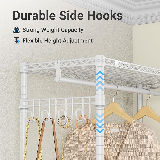 VIPEK R2 Medium Clothes rack for Hanging Clothes Rolling Closet System | Lockable Silent Wheels, Double Hanging Rods, Adjustable Wire Shelving/Side Hooks, Space-Saving for Small Space, 500lbs, White