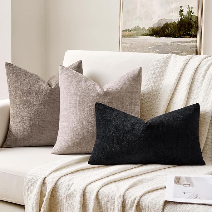 MIULEE Black Chenille Couch Lumbar Throw Pillow Covers, 12x20 | Set of 2, Soft Halloween Home Decor, Modern Farmhouse Decorative Pillowcases for Sofa Living Room Bed