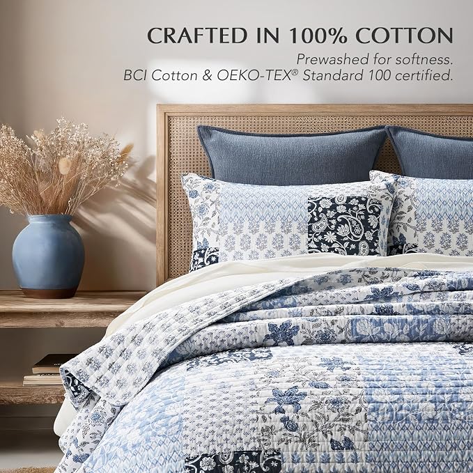 EverGrace 100% Cotton Patchwork Quilt Set, King Size, Coastal Blue 110"×92" | Reversible Lightweight Bedspread Coverlet, Printed Patchwork Bedding Set, Traditional Block Print Quilt with 2 Pillow Shams