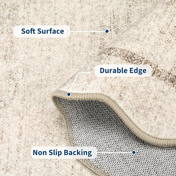 GarveeHome Scalloped Washable Rug 4x6 Boho Living Room Area Rug, Beige | Bordered Non-Slip Farmhouse Bedroom Carpet Dorm Room Throw Rug, Low Pile Soft Accent Mat for Kitchen Entry Office