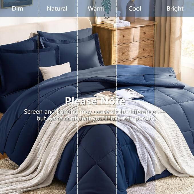 Full Size Comforter Sets, 7-Piece Bed in a Bag, Navy Blue | OEKO-TEX Certified, Box-Stitched Design, 240 GSM Down Alternative Fill, All-Season Comfort, Sheets, Pillowcases & Shams