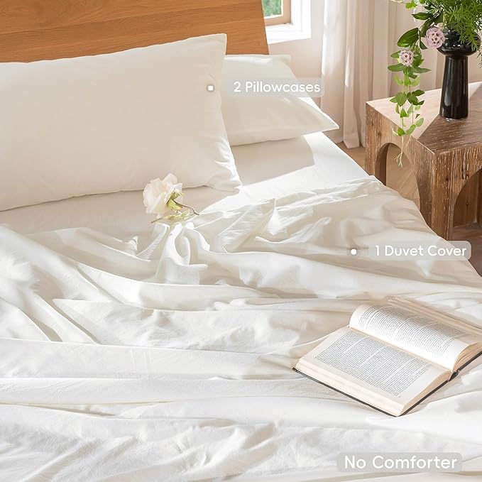 MooMee Duvet Cover Set 100% Washed Cotton Linen Like Super Queen | Relaxed Linen-like Texture. Soft, Breathable & Long-lasting Comfort. Lightweight. Hidden Zipper with 8 Interior Corner Ties