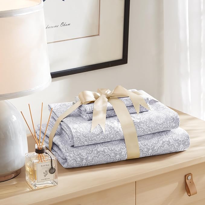 Comfort Spaces 100% Cotton Percale Sheets Twin Sheet Set 3 Pcs, Adelia Gray | Crisp, Cool & Breathable Bed Sheets, 12" Deep Pocket Fits Up to 14" Mattress, Lightweight, All Season Cozy, with Pillow Case