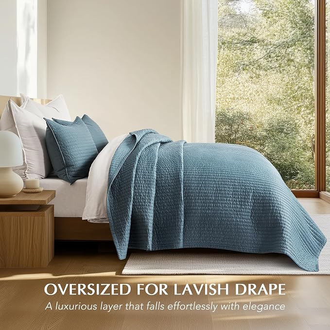 EVERGRACEHOME Cotton Sateen Quilt Set, King Size, Sonoma Blue | 100% Cotton, Channel Stitch Coverlet Bedspread, Pre-Washed Lightweight Soft Bedding Set for All Season, 3 Piece, with 2 Shams