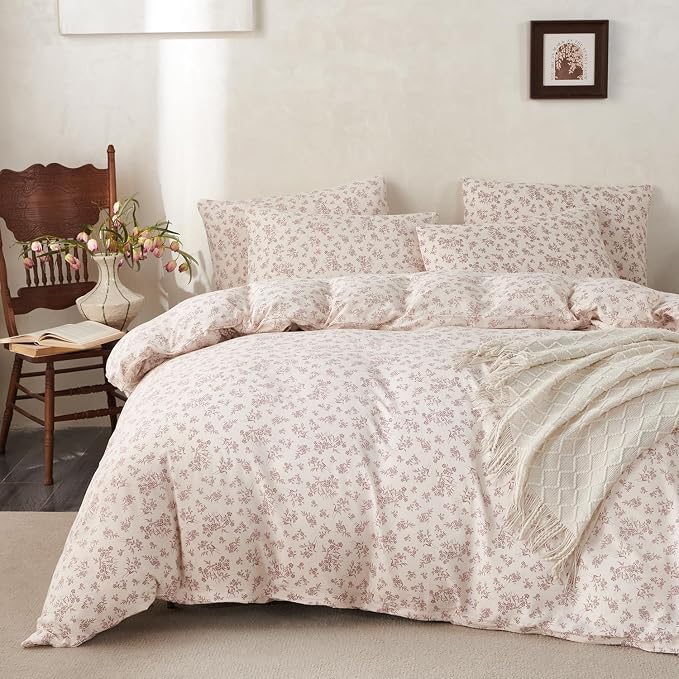 Floral Queen Size Comforter Set Soft 3 Pieces Chic Garden Style Vintage Floral Print Botanical Comforter for All Seasons Luxury Warmth Comfy Breathable with 2 Pillowcases
