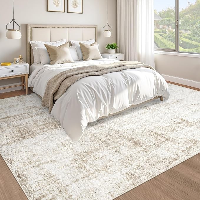 9x12 Area Rugs Washable Rug: Abstract Neutral Rugs Modern Non Slip Area Rug Stain Resistant Low Pile Indoor Carpet for Dining Room Bedroom Nursery Office (Beige, 9'x12')