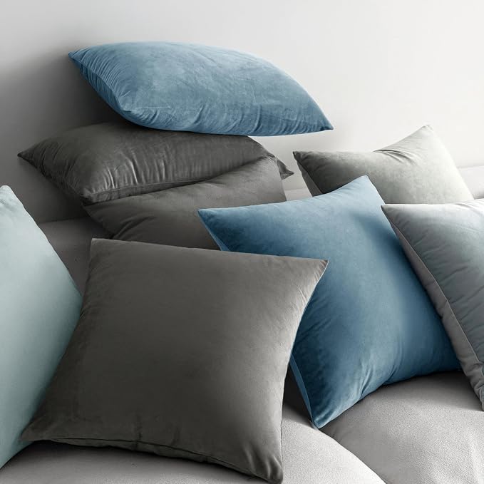 MIULEE 24x24 Inch Pack of 2 Euro Velvet Throw Pillow Covers Blue Gray | Soft Solid Decorative Euro Sham, Modern Luxury Home Decor, for King Bed Sofa Couch Bedroom Livingroom