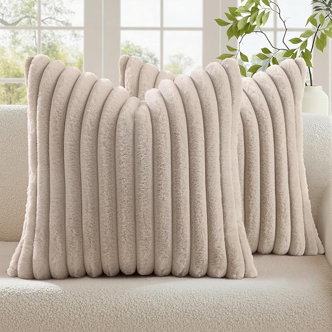 decorUhome Fall Faux Fur Throw Pillow Covers 26x26 Set of 2 Tan | Decorative Soft Cozy Striped Plush Modern Farmhouse Boho Couch Pillow Cases Velvet Back for Sofa Bed Living Room Home Decor