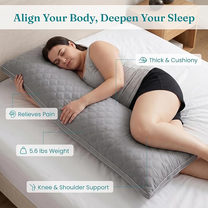 Oubonun Full Body Pillow for Side Sleeper, Adjustable Firm Long Bed Pillow | Extra Fill Plush Support - Large Quilted Loft Insert for Pregnancy Contour, Breathable Sweat-Absorbing Skin-Friendly Cushion