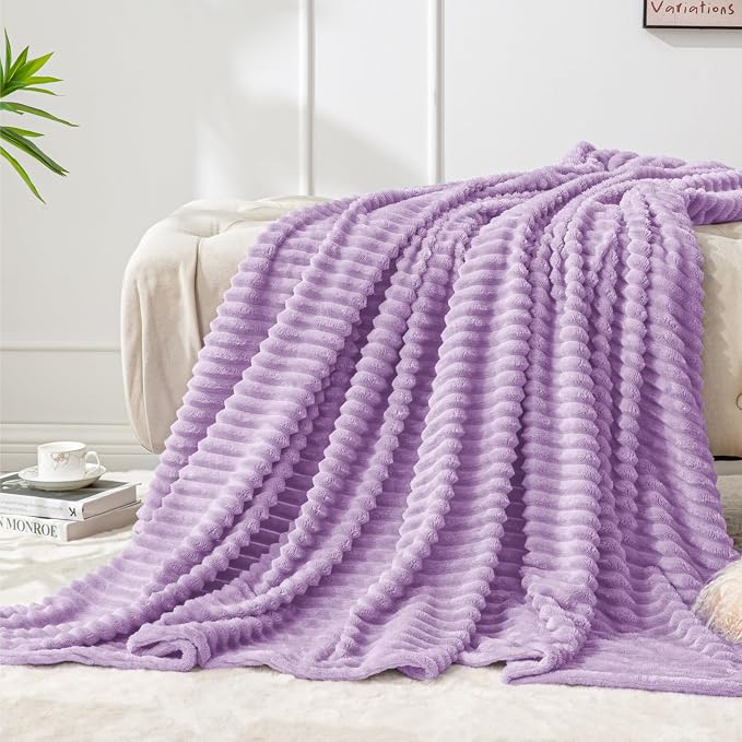 BEDELITE 3D Ribbed Lavender Fleece Throw Blanket for Couch, 50x60 Inch | Soft Warm Decorative Fluffy Blanket, Cozy Plush Lightweight Fuzzy Throw Blanket for Bed Sofa Home Room Decor, Gift for Women