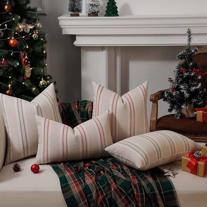Hckot Sage GreenThrow Pillow Covers 12x20 Lumbar Striped Pillow Covers | Set of 2 Textured Linen Decorative Pillows Christmas Farmhouse Decor Cushion Covers for Couch Bed Living Room Home Decor
